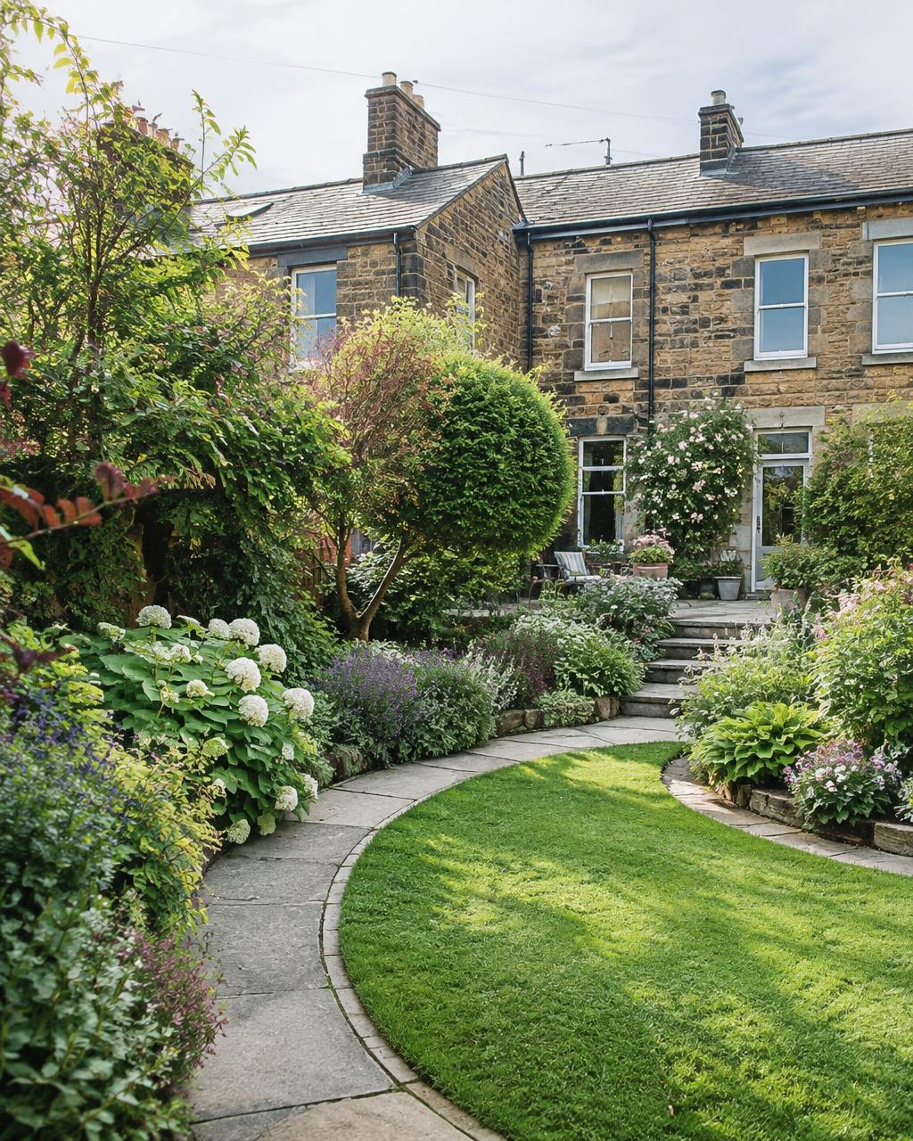 Curved lawn and planted borders in front of a Yorkshire stone terrace